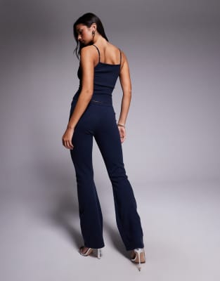 Tiger Mist Leora Super Soft Knit Tie Detail Low Waisted Flare Pants In Blue
