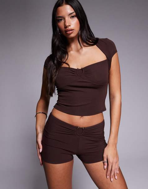 Tiger Mist Lunara slinky cap sleeve sweetheart metal hardware detail crop top in brown - part of a set - view 1