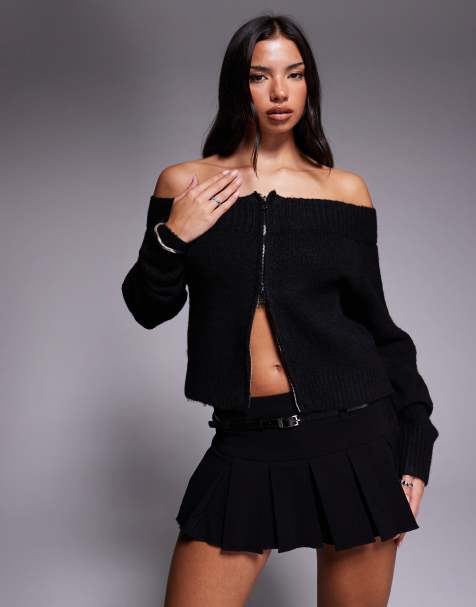 Tiger Mist Lunette bardot ribbed trim zip through jumper in black - view 1