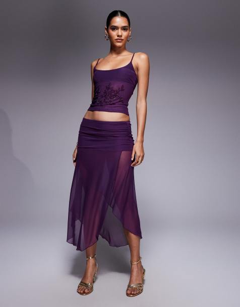 Tiger Mist Mariana slinky mesh asymmetric sheer hem wrap detail maxi skirt co-ord in purple