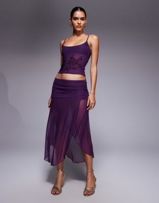 Tiger Mist Mariana slinky mesh asymmetric sheer hem wrap detail maxi skirt in purple - part of a set