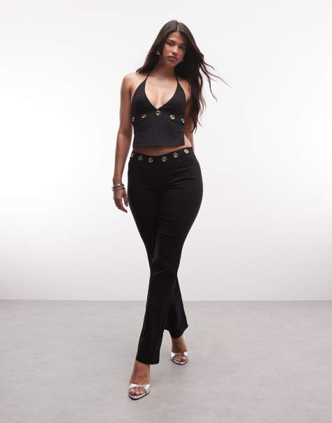 Tiger Mist Marren cami halterneck eyelet detail tie open back top and flare trouser co-ord in black - view 1