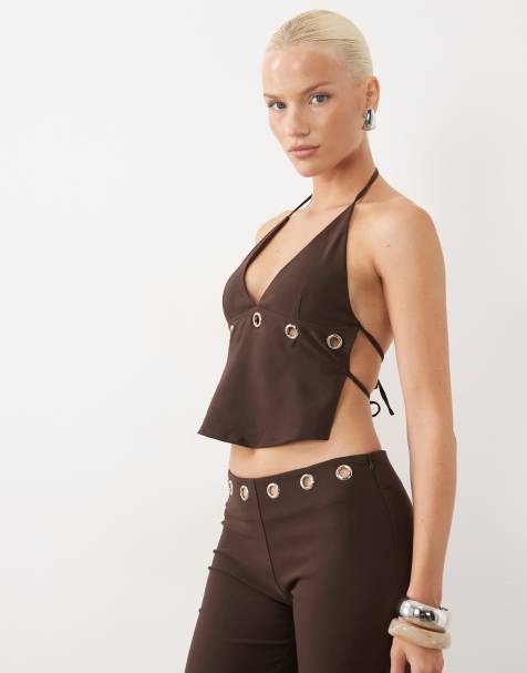Tiger Mist Marren cami halterneck eyelet top in chocolate (part of a set) - view 1