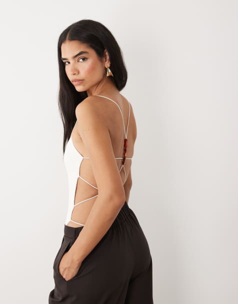 Tiger Mist Minerva 2.0 square neck cami strappy thong detail body in cream lace - view 1