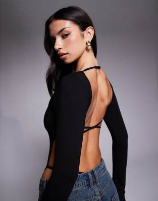 Tiger Mist Minerva Square Neck Long Sleeve Slinky Strappy Thong Detail Body In Black