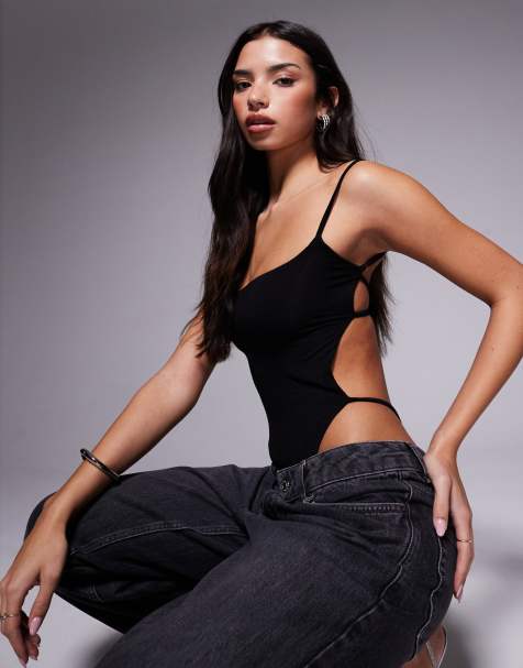 Tiger Mist Minerva square neck slinky cami strappy thong detail body in black - view 1