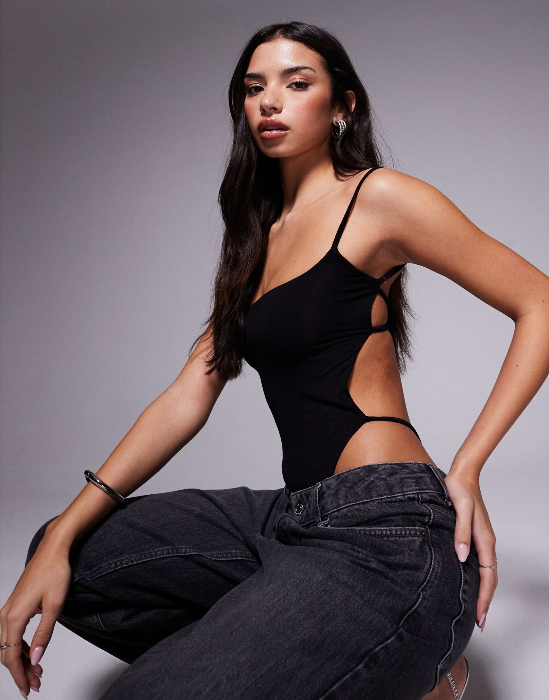 tiger mist minerva square neck slinky cami strappy thong detail bodysuit in black