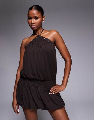 Tiger Mist Natasha Eyelet Detail Halterneck Dropped Waist Mini Dress In Brown