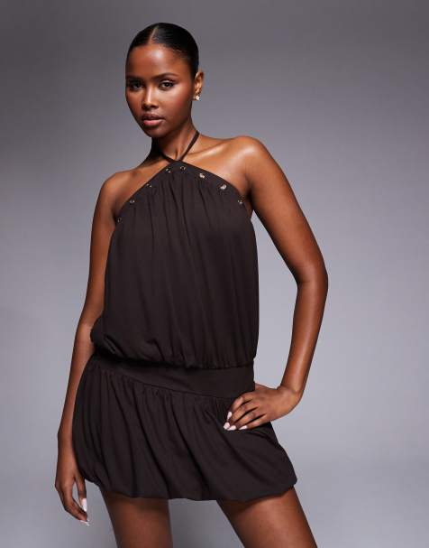 Tiger Mist Natasha eyelet detail halterneck dropped waist mini dress in chocolate - view 1