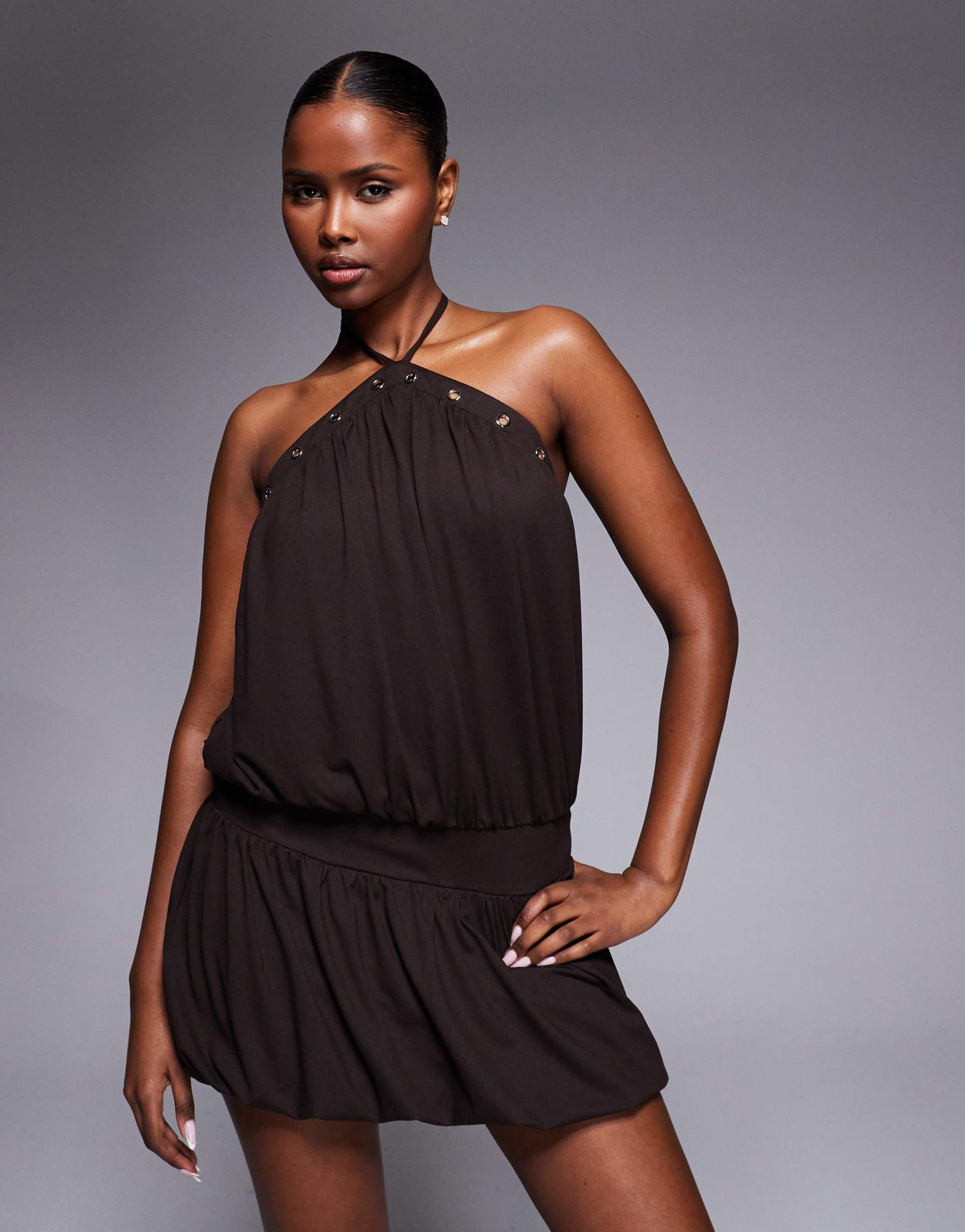 tiger mist natasha eyelet detail halterneck dropped waist mini dress in chocolate