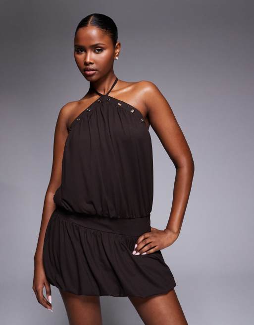 Tiger Mist - Natasha - Vestito corto color cioccolato allacciato al collo con vita scesa e occhielli