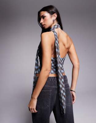 Tiger Mist Noble Scarf Detail Ruched V-neck Halter Top In Blue