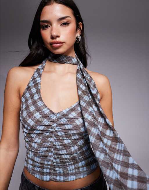 Tiger Mist Noble scarf detail ruched v neck halter top in blue check, 3 of 4