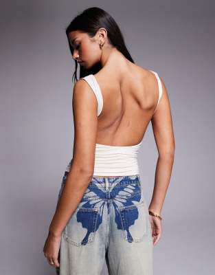 Tiger Mist Nura Wrap Front Ruched Side Low Back Top In White