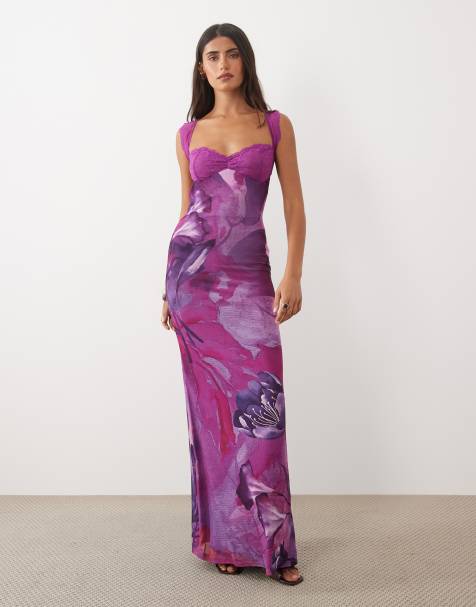 Tiger Mist Nyomi lace bust detail strappy cut-out tie-back maxi dress in purple floral - view 1