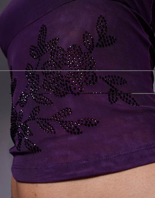 Tiger Mist Octavia cami scoop neck mesh diamante floral top in purple, 3 of 4