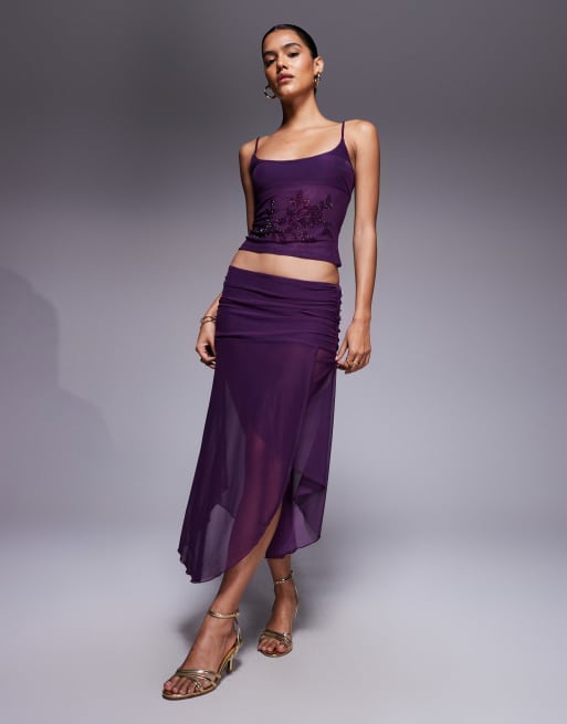 Tiger Mist Octavia cami scoop neck mesh diamante floral top in purple, 4 of 4