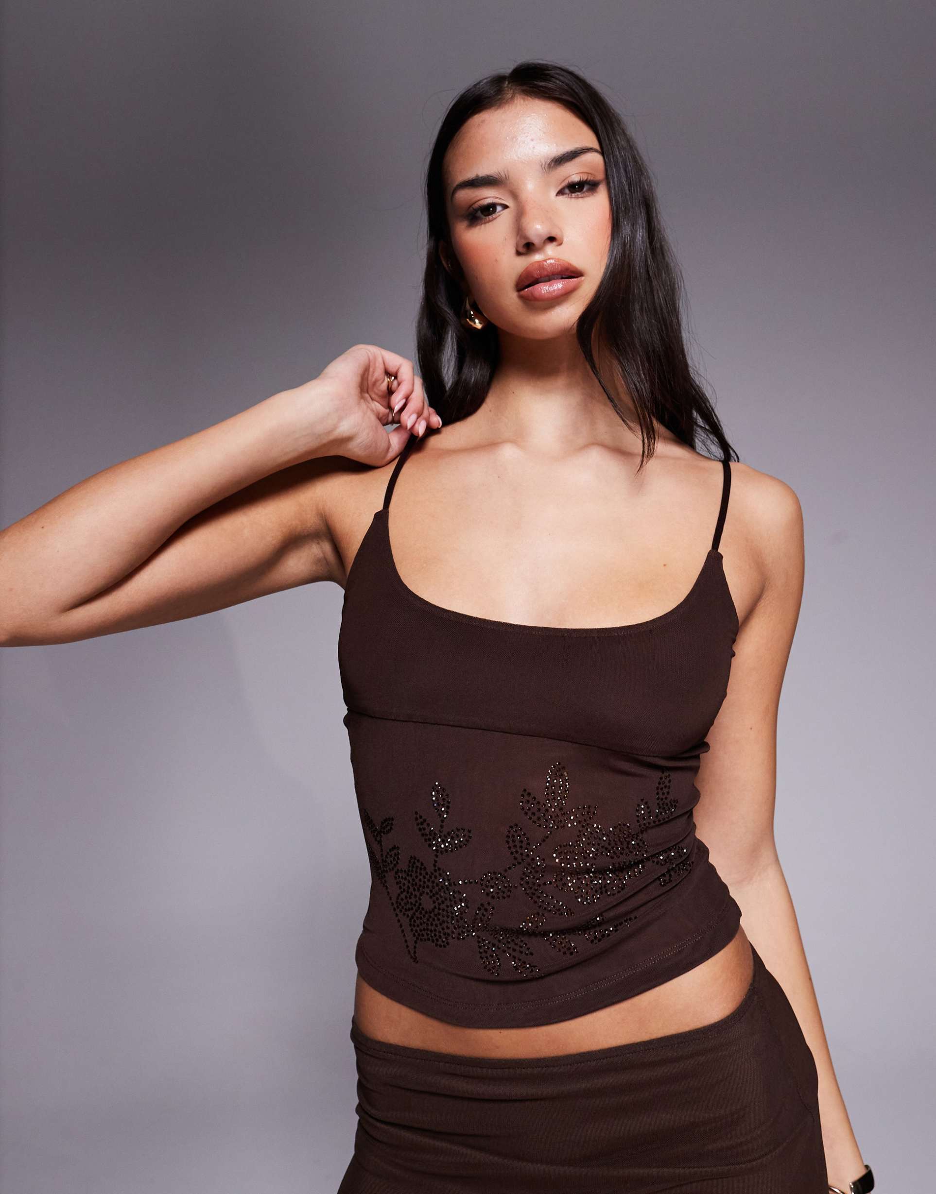 tiger mist octavia cami scoop neck mesh rhinestone floral top in brown