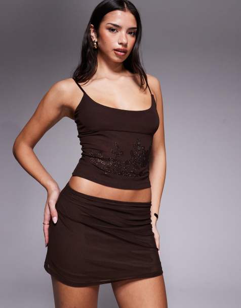 Tiger Mist Octavia slinky mesh mini skirt co-ord in chocolate - view 1