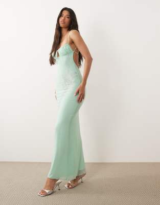 Tiger Mist Ophelia Diamante Flower Detail Strappy Tie Front Low Back Diamante Floral Maxi Dress In Green