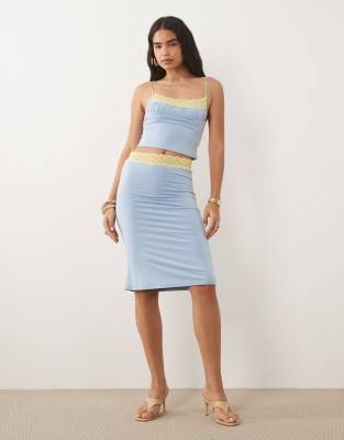 Tiger Mist Tiger Mist Parisa butter touch slinky contrast lace trim midi skirt co-ord in blue and yellow-Multi