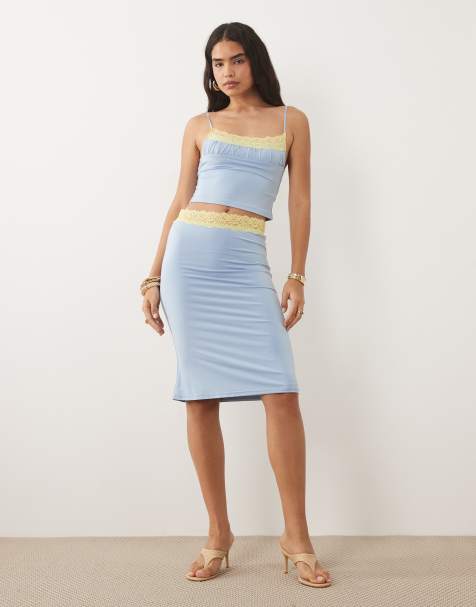 Tiger Mist Parisa butter touch slinky contrast lace trim midi skirt co-ord in blue and yellow 