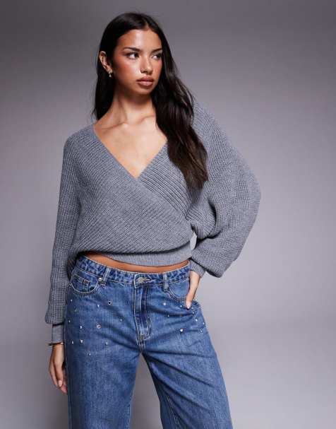 Tiger Mist - Raven - Grå og ribstrikket offshoulder-striktrøje med slå-om-front og ballonærmer - view 1