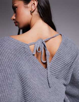 Tiger Mist Raven Ribbed Knit Off Shoulder Wrap Front Balloon Sleeve Knit Sweater In Blue