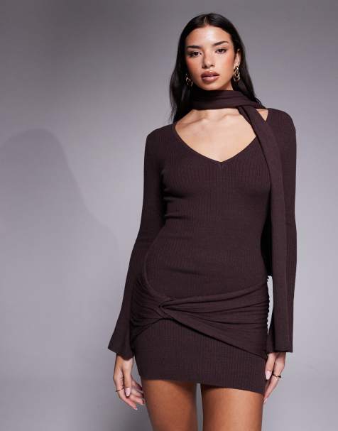 Tiger Mist Renner ribbed knit scarf detail plunge long sleeve mini dress in chocolate - view 1