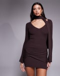 [Tiger Mist] Tiger Mist Renner ribbed knit scarf detail plunge long sleeve mini dress in chocolate-Brown XS Chocolate