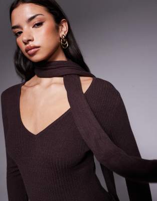 Tiger Mist Renner Ribbed Knit Scarf Detail Plunge Long Sleeve Mini Dress In Brown