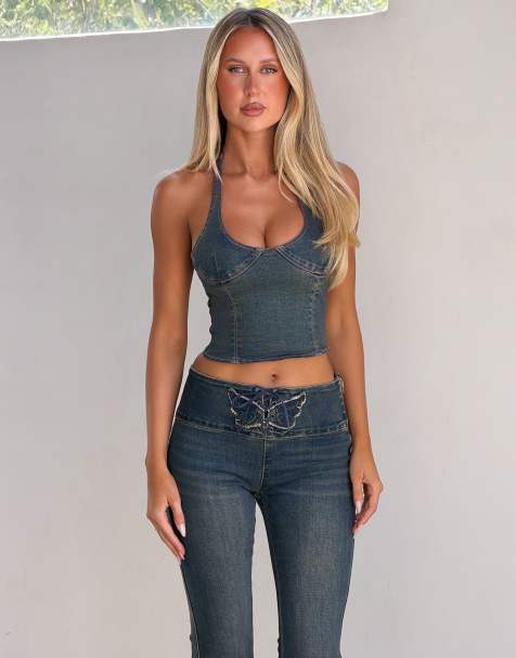 Tiger Mist Riona denim halterneck cup detail crop top in blue vintage wash - part of a set - view 1
