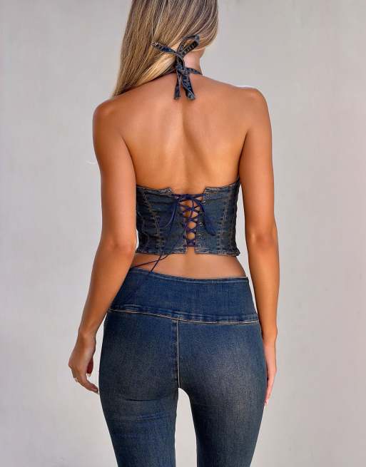 Tiger Mist Riona denim halterneck cup detail crop top in blue