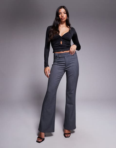 Tiger Mist Saffira long sleeve plunge neck cut out detail textured top and flared pants set in black - view 1