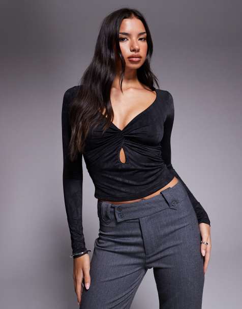 Tiger Mist Saffira long sleeve plunge neck cut out detail textured top co-ord in black