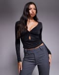 [Tiger Mist] Tiger Mist Saffira long sleeve plunge neck cut-out detail textured top in black (Part of a set) L BLACK