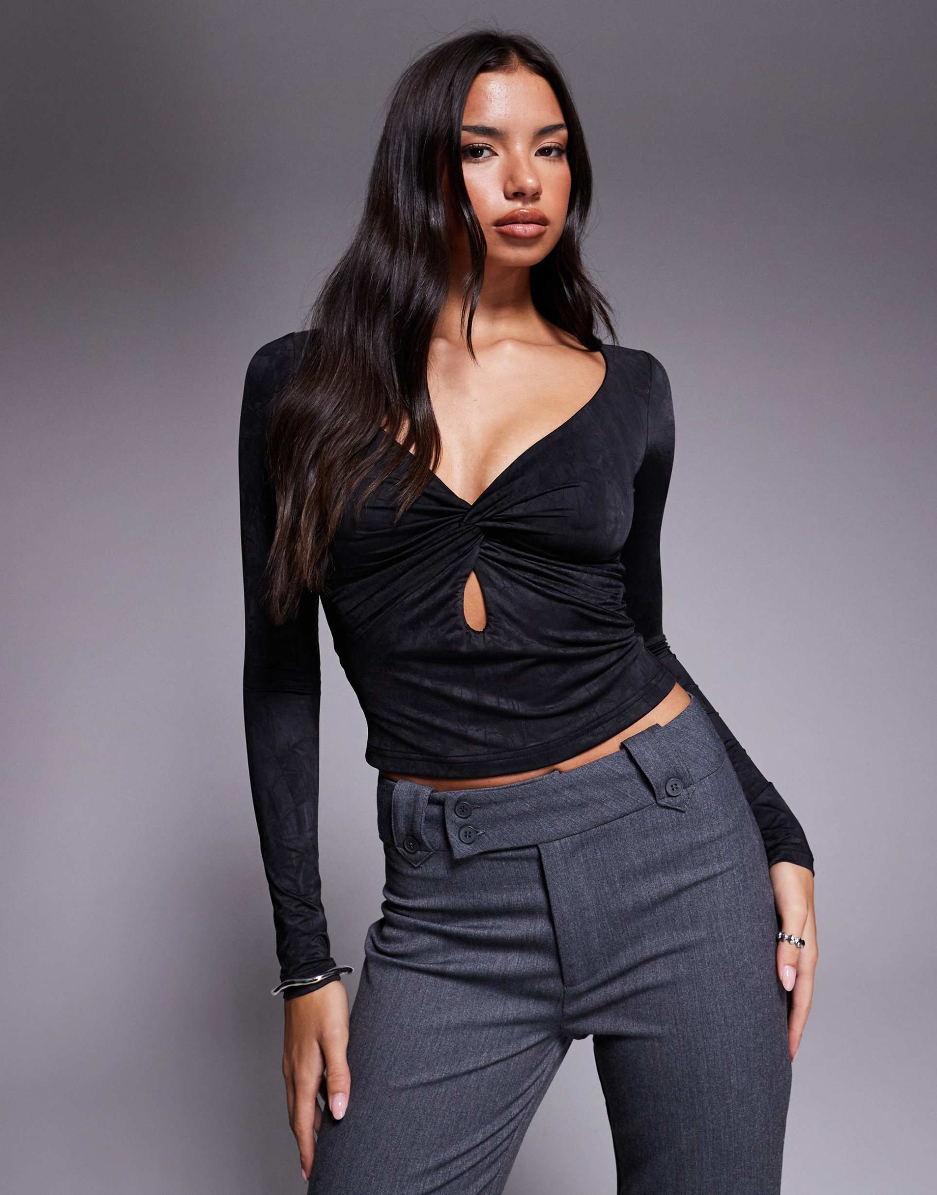 tiger mist saffira long sleeve plunge neck cut-out detail textured top in black - part of a set