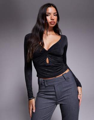 Saffira - Top manches longues texturé d'ensemble à décolleté plongeant et découpe - Noir M