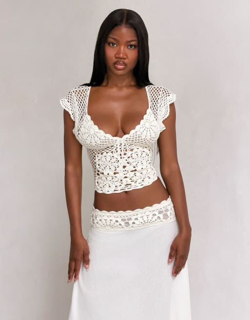 Tiger Mist Sasha cotton cap sleeve crochet crop top co-ord in white, 4 of 4