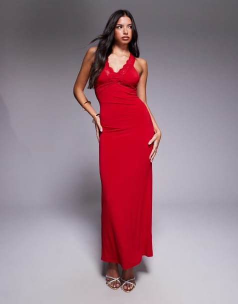 Tiger Mist - Seraphine - Robe longue moulante près du corps avec empiècement croisé en dentelle - Rouge - view 1
