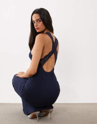 Tiger Mist Seraphine Sculpting Lace Trim Crossover Back Maxi Dress In Navy