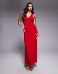[Tiger Mist] Tiger Mist Seraphine slinky crossover lace panel bodycon maxi dress in red S RED