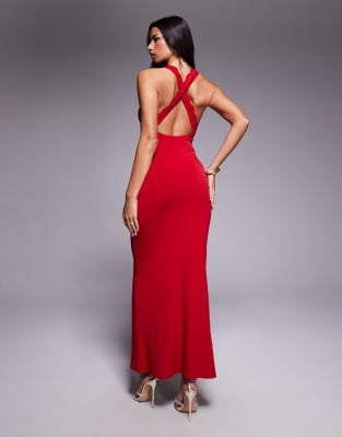 Tiger Mist Seraphine Slinky Crossover Lace Panel Bodycon Maxi Dress In Red
