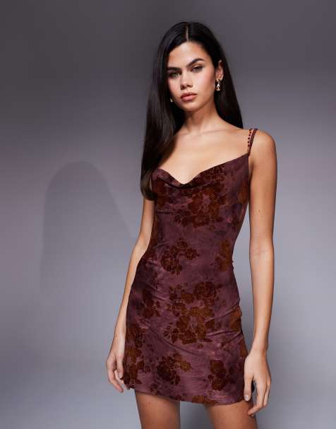 Tiger Mist Sparrow devore cowl neck beaded cross back detail mini dress in chocolate floral