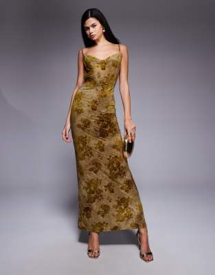 Tiger Mist Sparrow Devore Cowl Neck Bead Back Detail Maxi Dress In Green