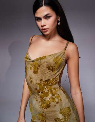 Tiger Mist Sparrow Devore Cowl Neck Bead Back Detail Maxi Dress In Green
