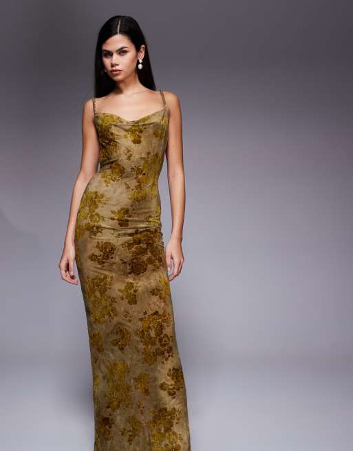 Tiger Mist Sparrow devore cowl neck bead back detail maxi dress in green, 3 of 4