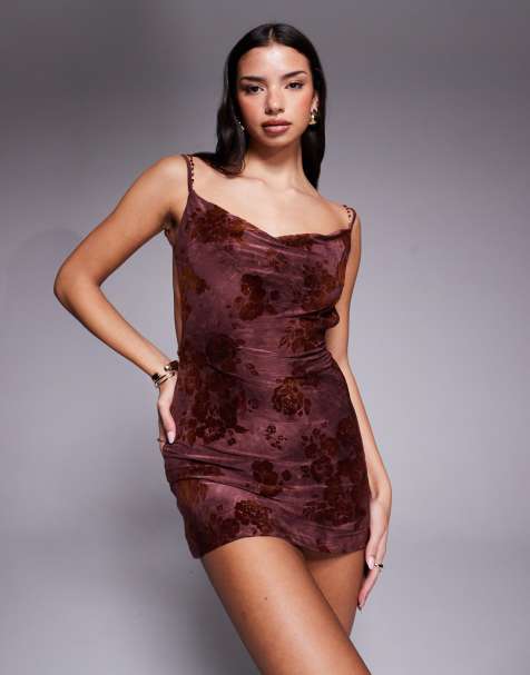Tiger Mist Sparrow devore cowl neck beaded cross back detail mini dress in chocolate floral - view 1