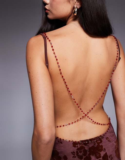 Tiger Mist Sparrow devore cowl neck beaded cross back detail mini dress in chocolate floral
