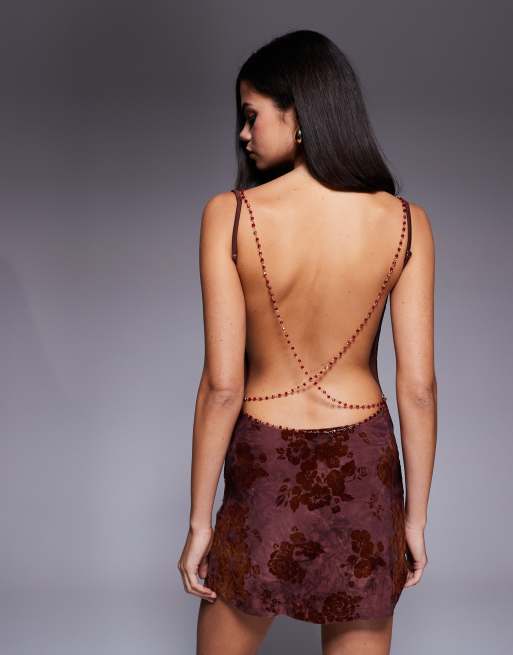 Tiger Mist Sparrow devore cowl neck beaded cross back detail mini dress in chocolate floral